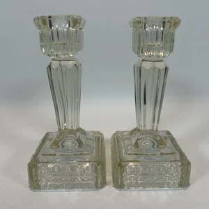 Pair of Art Deco Clear Glass Candlesticks Candle Holders - Picture 1 of 8
