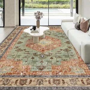 Washable Boho Area Rug Red Rust Green 8'×10', Brick/Green - Picture 1 of 8