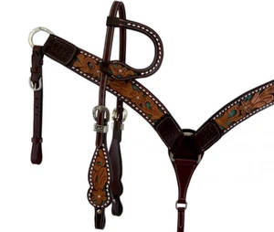 Cabecero de brida de cuero oscuro Western Horse One Ear + juego de tachuelas para cuello de pecho - Imagen 1 de 3