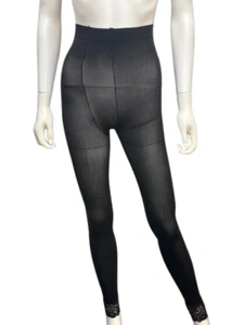 Ladies Black Sheer Footless Lace Trim Tights - Picture 1 of 1