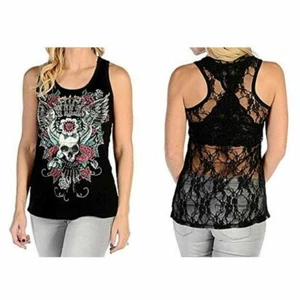 WOMENS BLACK SLEEVELESS DEVILISH LACE BACK 3D BEADS DESIGNER TANK TOP - LW1 - Picture 1 of 3