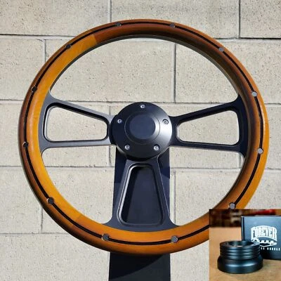 Volante de tarugo preto 14" polegadas buzina envoltório de madeira + adaptador de cubo GM Flaming - Imagem 1 de 4