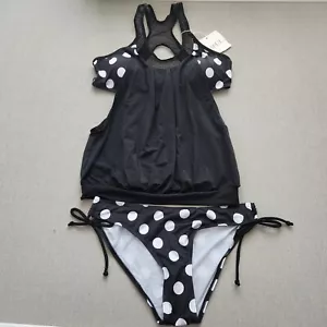 NWT ZAFUL 2-Piece Tankini Women's L Black Polka Overlay Top Bikini Swimsuit - Picture 1 of 12