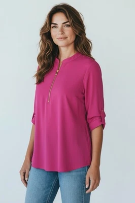 Blusa Ellen Tracy 1/4 Cremallera Cuello Fucsia Rosa Elastizada Pestaña Enrollable, Mujer Talla Grande Foto 1 de 4