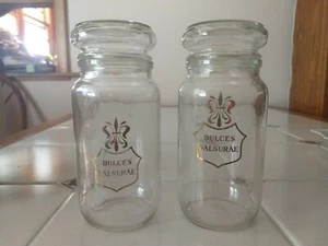 Vintage Pair Owens Illinois Co. Clear Glass Jars Lid Dulces Salsurae Gold Latin - Picture 1 of 5