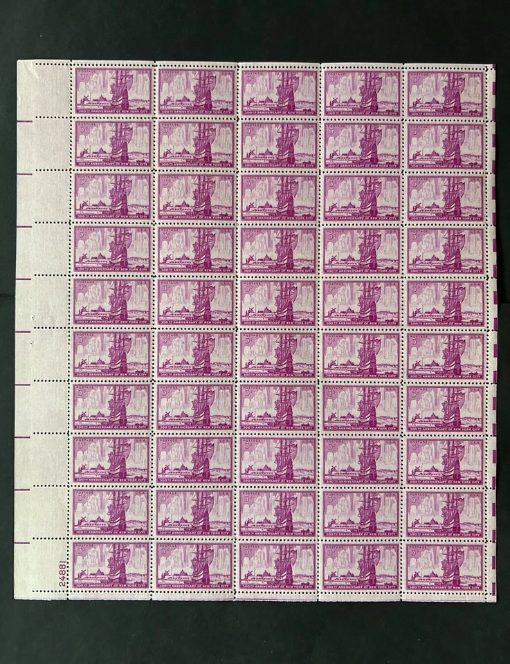 #1027,  3c, 300 ANNIVERSARY of NY CITY, 1953,   Sheet of 50, MNH - OGH - Image 1 of 1