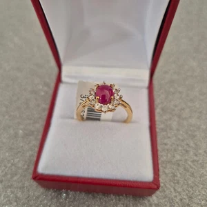 Ruby and Zircon halo ring in 14k Gold over Sterling silver - Picture 1 of 4