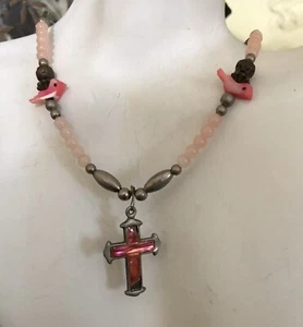 Vintage, Estate Find, Glass Cross And Birds Necklace - Picture 1 of 9
