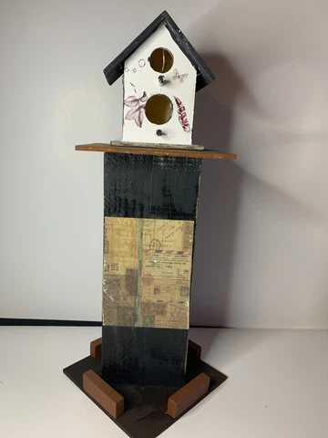 Vtg inspired Bird house stand multicolored brown OOAK LEDs included Cover