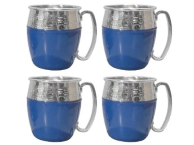 Hammered Moscow Mule Mugs 4-PC SET in BOX Blue Silver Tone Stainless Steel Cups - Image 1 of 4