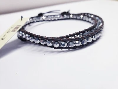 bellaryann Monica - Pulsera de cuero marrón oscuro de cristal plateado 13" + 3"  Foto 1 de 3