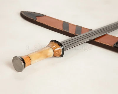 266 Layer Damascus 24.5" Sword SHARP, Bone + Hardwood + Horn, Leather Sheath - Image 1 of 4