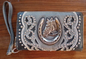 Montana West Wristlet Wallet Zip Around Faux Leather Horse Horseshoe Rodeo Black - Picture 1 of 6