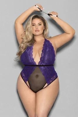 Escante Lingerie Queen Cage Back Halter Tie Teddy Set Purple - Image 1 of 3