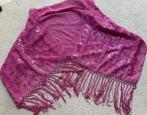 Elegant Oblong Semi Sheer Art Scarf Wrap Sequins & Fringes Hot Pink Cover Shawl - Picture 1 of 11