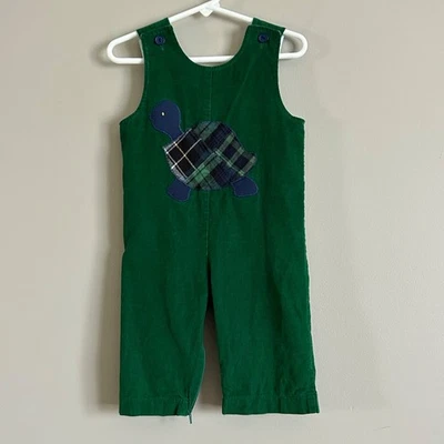 Vintage Green Corduroy Romper Turtle Overalls Plaid 18 Months 100% Cotton USA - Image 1 of 4