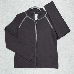 Pendleton Pullover Damen Medium schwarz durchgehender Reißverschluss Merinowolle Lederbesatz Jacke - Bild 1 von 6