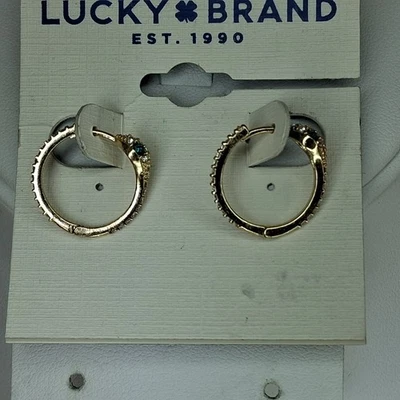 Lucky Brand Serpent Snake Rhinestone Teal Gem Eyes Earrings Hoop Gold Tone  - Image 1 of 4