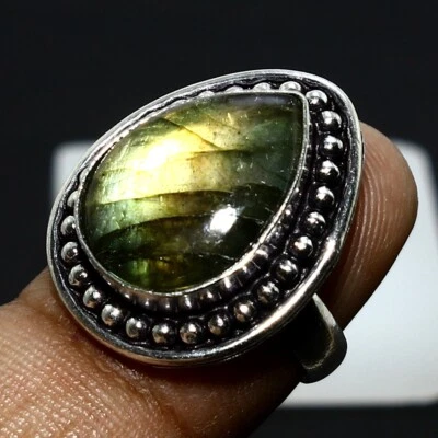 Joia anel feita à mão de prata maciça 925 pedra preciosa natural labradorita tamanho 5 - Imagem 1 de 4