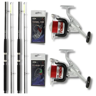 2 x Sea Fishing Boat Rods And Reels Set Sea Fishing Fixed Spool Reels 70 Boat  - Image 1 of 4