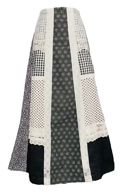 Vintage 1970s black white patchwork maxi skirt boho prairie cotton lace L XL - Image 1 of 4