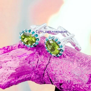 Natural London Blue topaz & Peridot Gemstones  925 Sterling Silver Cufflinks #45 - Picture 1 of 3
