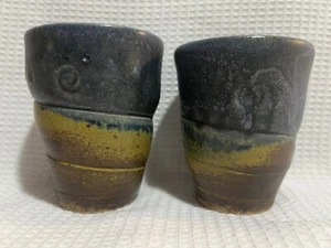 Beautiful Signed Studio Pottery-Blue/Green/Yellow Drip Glaze Tumbler Set (Qty.2) - Picture 1 of 10