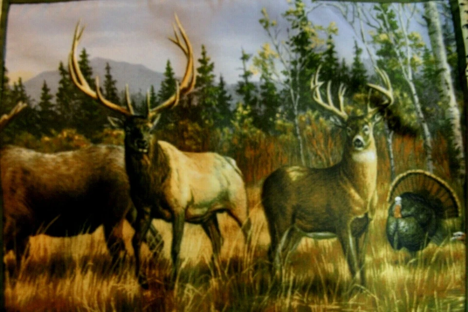 2 Large Pillow Shams - Moose Elk Deer Turkey Wildlife Scene - Rustic Cabin Decor - Image 1 of 4