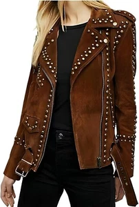 Suede Leather Jacket Brown Women's Coat Real Style Western Vintage Biker Women - Picture 1 of 8