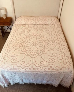 Vintage Pink Chenille Fringed Floral Bedspread Queen 104x92” Mid Century Cottage - Picture 1 of 19