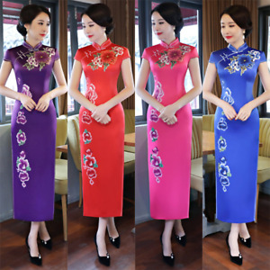 Women Stand-Up Collar Short-Sleeve Long Cheongsam Slim Fit Qipao Dress Gown