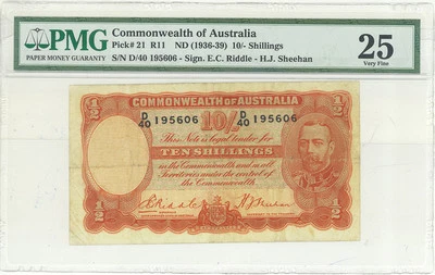 Commonwealth of Australia 10 Shilling 1936 pick 21 PMG 25 Very Fine KGV  - Image 1 of 2