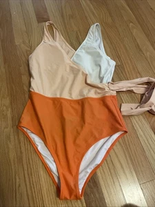 CUPSHE NWT Orange and White Tie Waist One Piece Swimsuit Medium - Picture 1 of 12