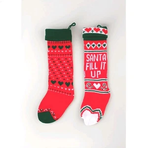 Vintage Knit Christmas Stockings Hearts Fill It Up White Red Green 19" Lot Of 2 - Picture 1 of 4