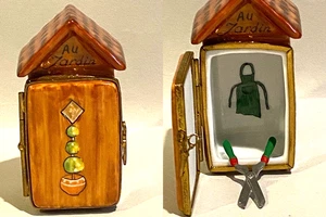 LIMOGES France PEINT MAIN Box *IN the GARDEN* SHE-SHED w/ Trimmers Trinket-RARE! - Picture 1 of 13