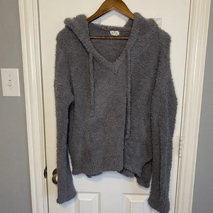 POL Sweater Women's Large Sherpa Fuzzy Pullover Hoodie Pocket Gray Oversized - Picture 1 of 5