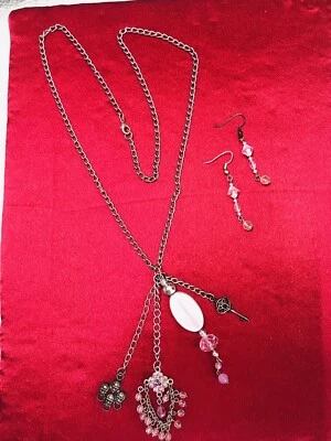 Vintage Style Handmade Necklace Earring Set 26” Tibetan Silver Grey Bead & Skull - Image 1 of 4