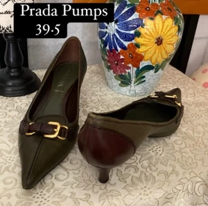 Prada Wom 39.5 (US 9-9.5) Brn/Grn Leather Classic Kitten Heels Pumps Buckle Vamp - Picture 1 of 16