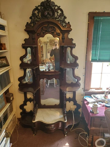 Antique Etagere-Solid Walnut-6 Mirror with White Marble Base and Hand Carved Top Cover