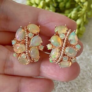 2.20Ct Oval Cut Natural Fire Opal Cluster Hoop Earring 14K Yellow Gold Plated