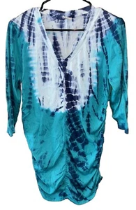 XCVI Mindset Blue Tie Dye Top L V Neck Cotton Pullover 3/4 Sleeve Ruching - Picture 1 of 10