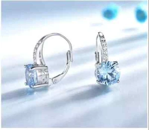 4Ct Round Cut Simulated Aquamarine Solitaire Hoop Earring 14K White Gold Finish - Picture 1 of 3