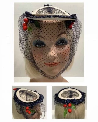 Vintage 1950's STRAW HAT with CHERRIES Berries Netting Crown Church Veil Navy - Image 1 of 4