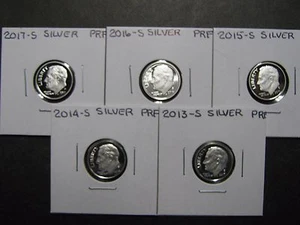 2013 S  2014 S  2015 S  2016 S 2017 S  Roosevelt Silver Proof Dimes Deep Cameo  - Picture 1 of 1