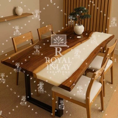 Mesa de jantar 60"X30" borda viva madeira e resina branca | Mesa de rio moderna - Imagem 1 de 4