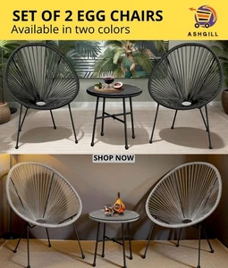 Patio Egg Chair 3pc Set Outdoor Garden Bistro Chairs + Coffee Table Rattan UK - Picture 1 of 29