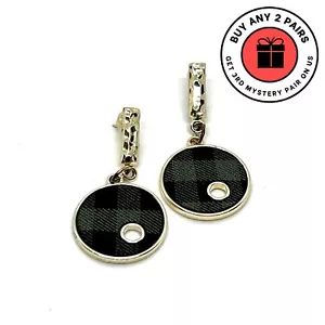 Women Green Plaid Drop Stud Earrings Gold Circle Shape Gingham Fashion Jewelry - Picture 1 of 3
