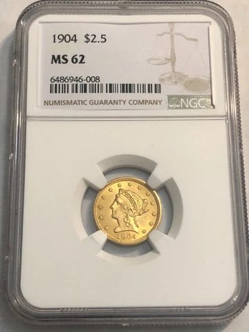 1904 GOLD U.S. $2 1/2 Liberty quarter eagle. NGC MS62.  #rmr008 Cover
