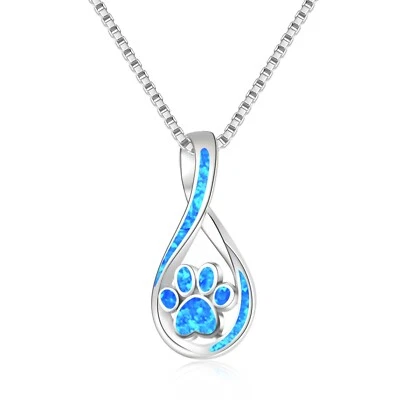 Hawaii Beach Blue Fire Opal Dog Paw Necklace Silver Filled For Women Girl - Image 1 of 4