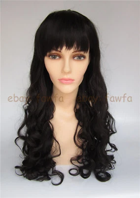 Peluca larga marrón onda rizada cabello sintético flequillo completo mujeres niñas disfraces peluca completa Foto 1 de 4